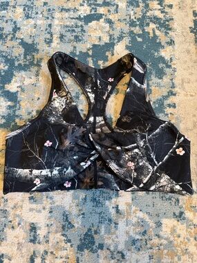 Black Floral Racerback Sports Bra with Pink Accents